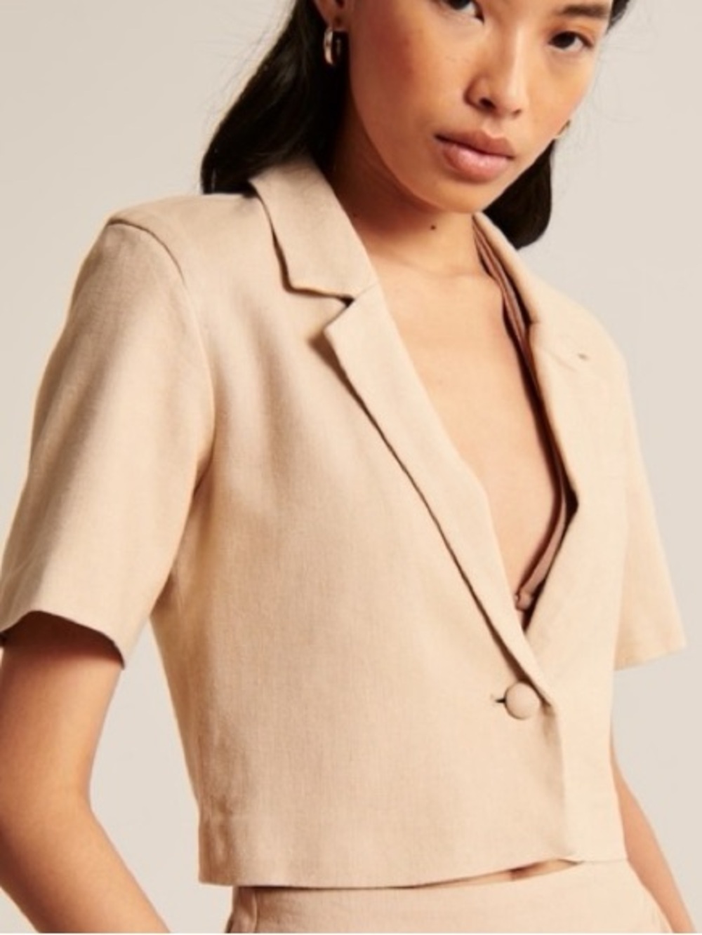 Abercrombie & Fitch Linen Blend Khaki Short Sleeve Cropped Blazer